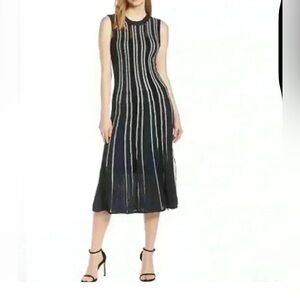 Harlyn Sleeveless Crochet Open Knit Fit and Flare Midi Dress in Navy